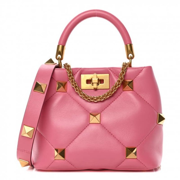 VALENTINO GARAVANI NAPPA SMALL ROMAN STUD THE HANDLE BAG FLAMINGO PINK - Picture 1 of 14